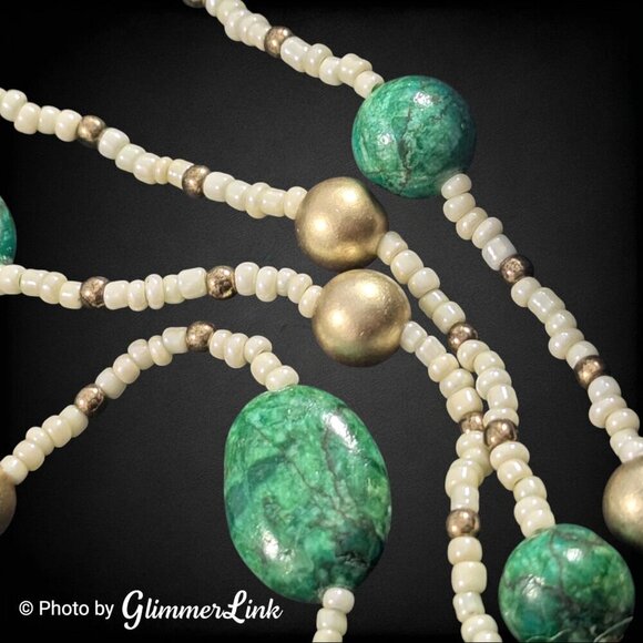 Bohemian Extra Long 84" Green Stone Seed Bead Gold Tone Bead Continuous Necklace - Picture 8 of 13